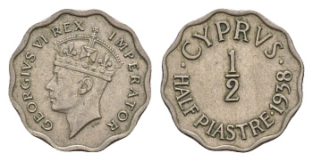 Кипр 1/2 пиастра 1938 Георг VI (1936-1952), год-тип KM 22 медно-никель 413-1025