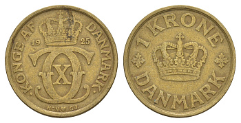 Дания 1 крона 1925 HCN, Кристиан X (1912-1947) KM 824 алюминиевая бронза 4657-327