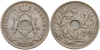 Бельгия 25 сантимов 1928 Belgie KM 69 медно-никель 33-1144