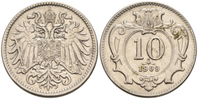 Австрия 10 геллеров 1909 KM 2802 никель 4567-325