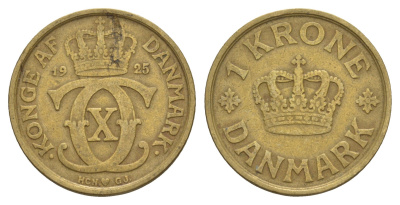 Дания 1 крона 1925 HCN, Кристиан X (1912-1947) KM 824 алюминиевая бронза 4657-327