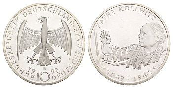 Германия 10 марок 1992 G, 125 лет со дня рождения Кете Кольвиц KM 178 серебро UNC 4634-1024