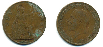 Великобритания 1 пенни 1929 Георг V (1910-1936) KM 838, Spink 4055 бронза 41-945