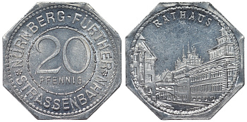 Германия, Нюрнберг - Фюрт 20 пфеннигов ND трамвайный жетон, ратуша алюминий UNC 4119-534