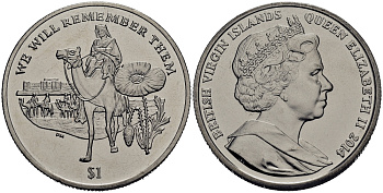 Британские Виргинские острова 1 доллар 2014 в память героев первой мировой войны, солдат верхом на верблюде KM NEW медно-никель UNC 4386-714