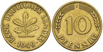 ФРГ 10 пфеннигов 1949 J KM 103 сталь плакированная латунью 4146-552
