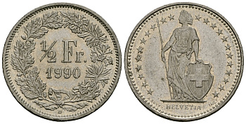 Швейцария 1/2 франка 1990 KM 23a.3 медно-никель 4173-1067