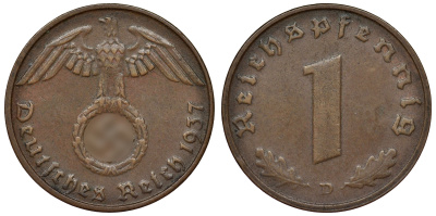 Германия 1 рейхспфенниг 1937 D KM 89, J. 361 бронза 4124-142