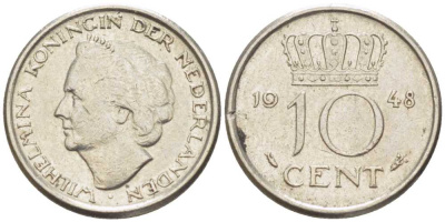 Нидерланды 10 центов 1948 Вильгельмина (1895-1948) KM 177 никель 214-1133