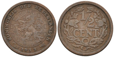 Нидерланды 1/2 цента 1912 Вильгельмина (1890-1948) KM 138 бронза 4576-347