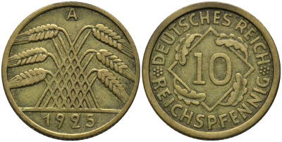 Германия 10 рейхспфеннигов 1925 A KM 40 алюминиевая бронза 4171-326