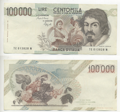 Италия 100000 лир 1983 Караваджо, фруктовый букет, подпись Speziali Pick 110b бумага 7220-25-3