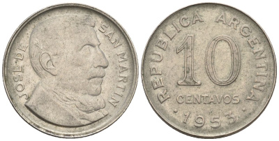Аргентина 10 сентаво 1953 генерал Хосе де Сан Мартин KM 47a, Schon 50a.1 сталь плакированная никелем    4609-1163