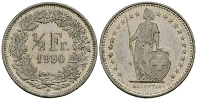 Швейцария 1/2 франка 1990 KM 23a.3 медно-никель 4173-1067