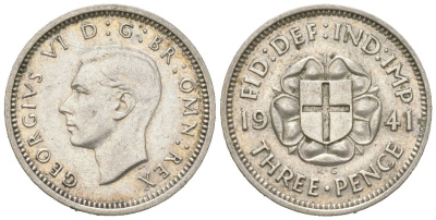 Великобритания 3 пенса 1941 Георг VI (1936-1952) KM 848, Spink 4085 серебро 4618-1027