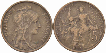 ФРАНЦИЯ 5 САНТИМОВ 1911 ТИП ДАНИЭЛЬ ДЮПЮИ KM 842, LE FRANC 119.23 бронза 108-931