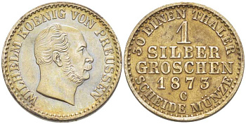 ПРУССИЯ 1 ГРОШ 1873 С, ВИЛЬГЕЛЬМ I (1861-1888) KM 485 серебро 206-251