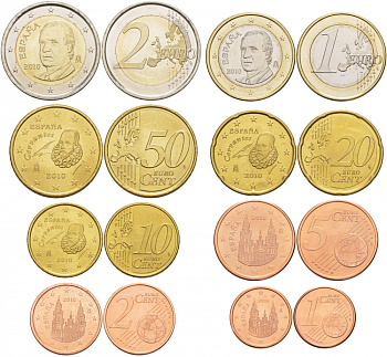 Испания евронабор из 8 монет 2010 1, 2, 5, 10, 20, 50 евроцентов, 1 и 2 евро KM 1040, 1041, 1042, 1070, 1071, 1072, 1073, 1074 N6-12