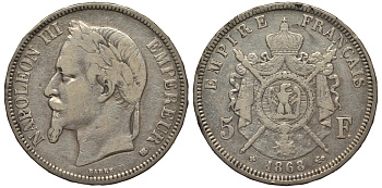 Франция 5 франков 1868 BB, Наполеон III (1852-1870) KM 799.2 серебро 413-3435