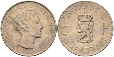Люксембург 5 франков 1962 Великая герцогиня Шарлотта (1919-1964) KM 51 медно-никель 4143-1247