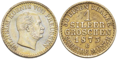 ПРУССИЯ 1 ГРОШ 1873 С, ВИЛЬГЕЛЬМ I (1861-1888) KM 485 серебро 206-251