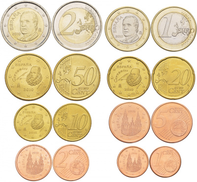 Испания евронабор из 8 монет 2010 1, 2, 5, 10, 20, 50 евроцентов, 1 и 2 евро KM 1040, 1041, 1042, 1070, 1071, 1072, 1073, 1074 4685-311-317