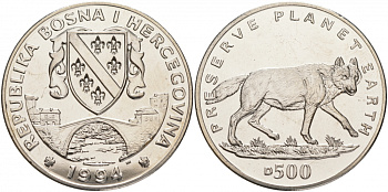 Босния и Герцеговина 500 динаров 1994 серия сохраним планету, волк KM 23 медно-никель UNC M26-06
