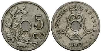 Бельгия 5 сантимов 1905 Belgie KM 55 медно-никель 4173-127