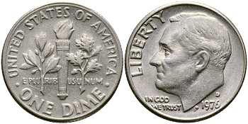 США 10 ЦЕНТОВ = 1 ДАЙМ 1976 D, РУЗВЕЛЬТ KM 195а медь плакированная медно-никелем 53-561