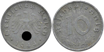 ГЕРМАНИЯ 10 РЕЙХСПФЕННИГОВ 1944 F KM 101, J. 371 цинк 4401-522