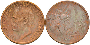 ИТАЛИЯ 10 ЧЕНТИЗИМО 1921 R ПЧЕЛА KM 60 медь 4561-825