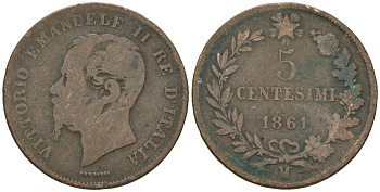 Италия 5 чентезимо 1861 M, Виктор Эммануил II (1861-1878) KM 3.2 бронза 113-225