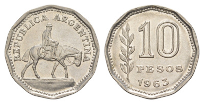 Аргентина 10 песо 1963 KM 60 сталь плакированная никелем 4153-913