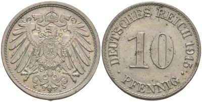 ГЕРМАНИЯ 10 ПФЕННИГОВ 1915 A J. 13, KM 12 медно-никель 73-1446