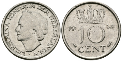 Нидерланды 10 центов 1948 Вильгельмина (1895-1948) KM 177 никель 96-529