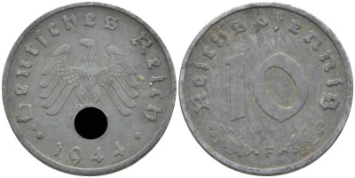 ГЕРМАНИЯ 10 РЕЙХСПФЕННИГОВ 1944 F KM 101, J. 371 цинк 4401-522