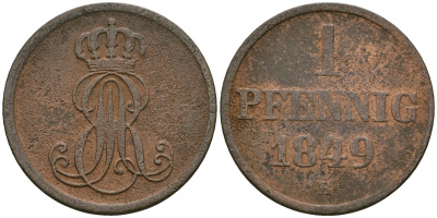 Ганновер 1 пфенниг 1849 B, Эрнст Август (1837-1851) KM 201.1, AKS 129, J. 74 медь 4608-1036