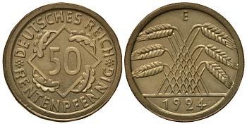 Германия 50 рентенпфеннигов 1924 E J. 310, KM 34 алюминиевая бронза PROOF 10-011-67