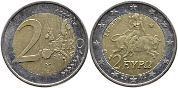 Греция 2 евро 2002 похищение Европы KM 188 биметалл 4390-1215