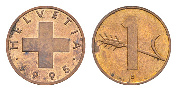 Швейцария 1 раппен 1995 B KM 46 бронза UNC 4630-612