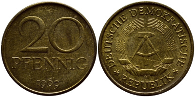 ГДР 20 пфеннигов 1969 А, первый год KM 11 латунь UNC 4398-112