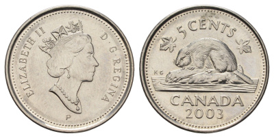Канада 5 центов 2003 P, Елизавета II (1952-2022), бобр KM 182b сталь плакированная никелем UNC 4689-449