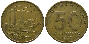 ГДР 50 пфеннигов 1950 A, фабрика KM 4 алюминиевая бронза 206-657