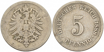 ГЕРМАНИЯ 5 ПФЕННИГОВ 1888 A, СТАРОГЕРБОВКА KM 3, J. 3 медно-никель 3718-143