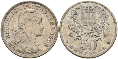Португалия 50 сентаво 1968 голова свободы вправо KM 577 медно-никель аUNC 4573-653