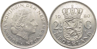 Нидерланды 2 1/2 гульдена 1980 Юлиана (1948-1980) KM 191 никель 109-1126
