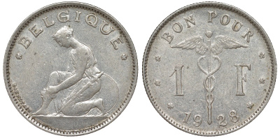 Бельгия 1 франк 1928 Belgique KM 89 никель 51-2016