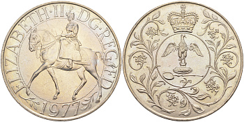 Великобритания 25 пенсов 1977 25 лет со дня коронации Елизаветы, Елизавета II (1952-2022) KM 894, Spink 4136 медно-никель 4552-611