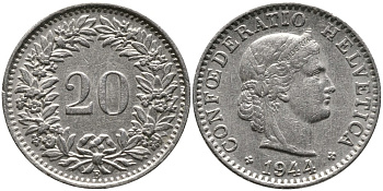 ШВЕЙЦАРИЯ 20 РАППЕНОВ 1944 В KM 29а медно-никель 4539-544