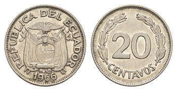 Эквадор 20 сентаво 1966 KM 77.1c сталь плакированная никелем 4643-1219